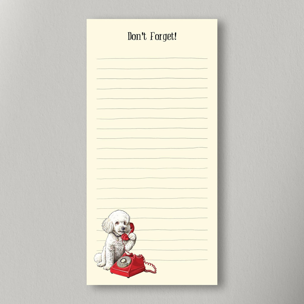 Notepad with a dog on a phone and 'Don't Forget!' text on a gray background