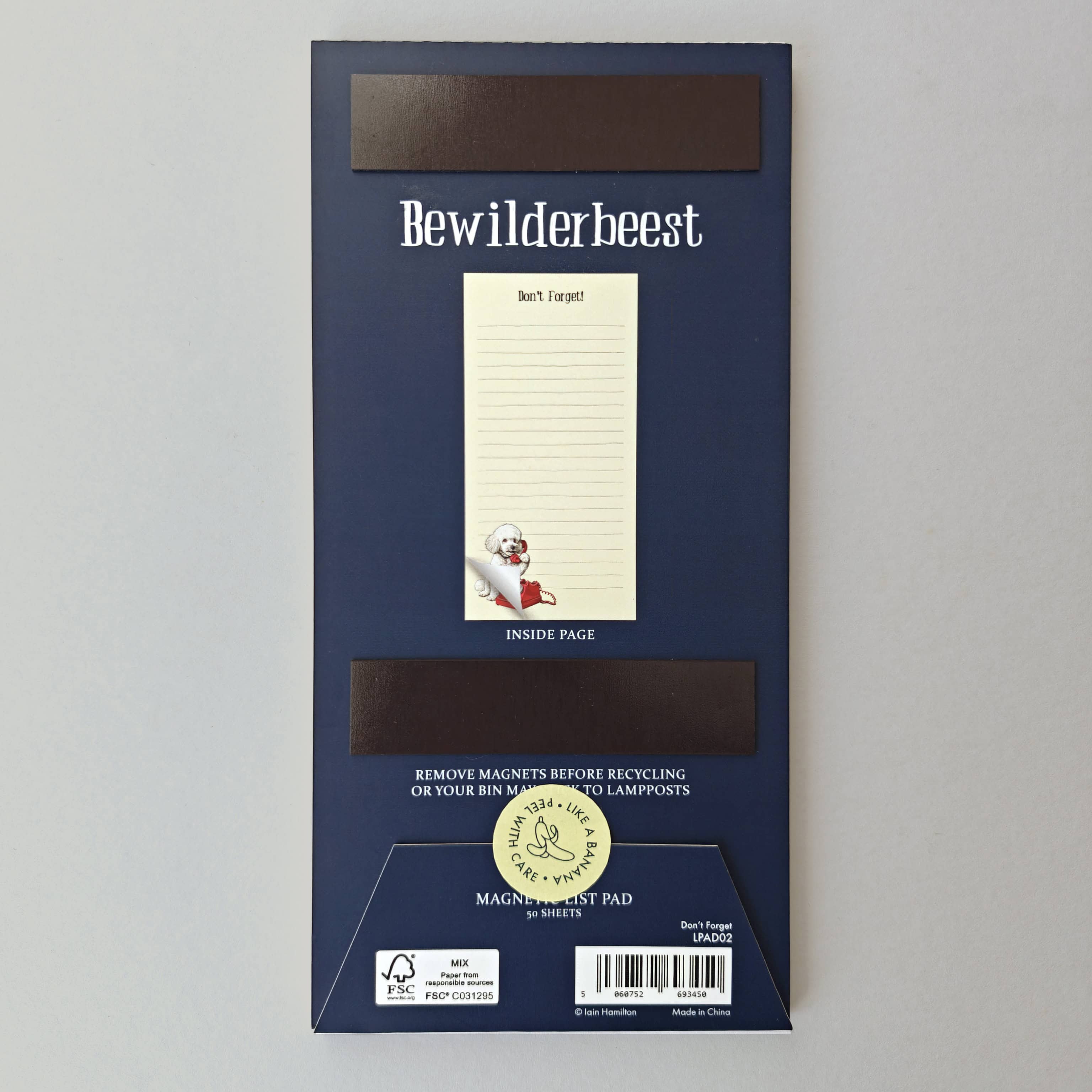Magnet post pad packaging with 'Bewilderbeest' branding on a gray background