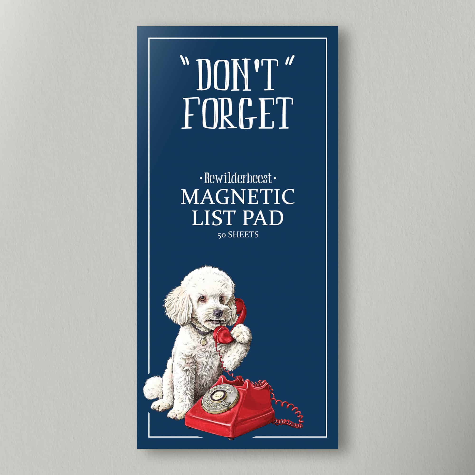 Magnetic list pad with a dog and red phone illustration on a blue background