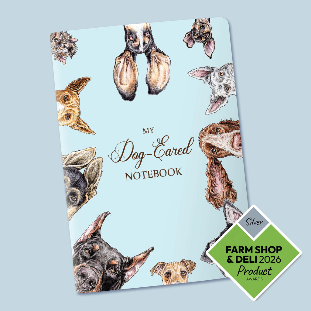 Notebook with dog-themed cover on a light blue background, featuring the title 'My Dog-Eared Notebook' and a 'Silver Farm Shop & Deli 2026 Product Award' badge.