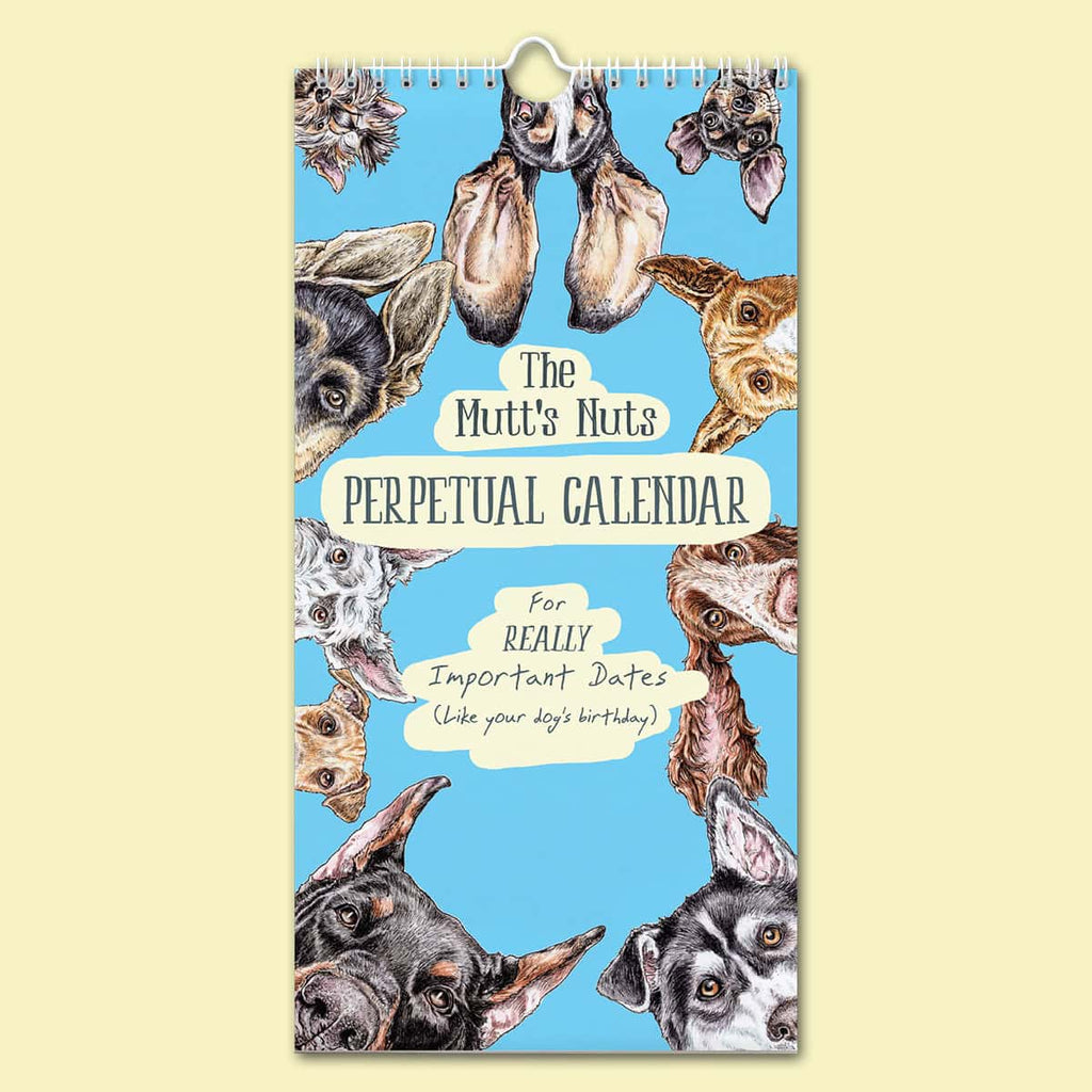 Perpetual calendar with dog illustrations on a blue background