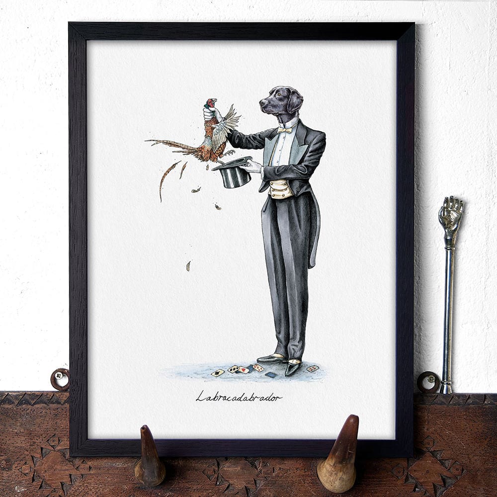 Illustration of a dog in a tuxedo with a pheasant on a white background