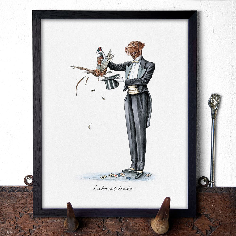 Artwork of a dog in a tuxedo with a pheasant on a white background