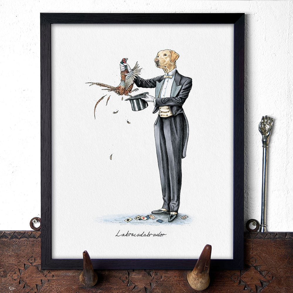 Artwork of a dog in a tuxedo with a pheasant on a white background
