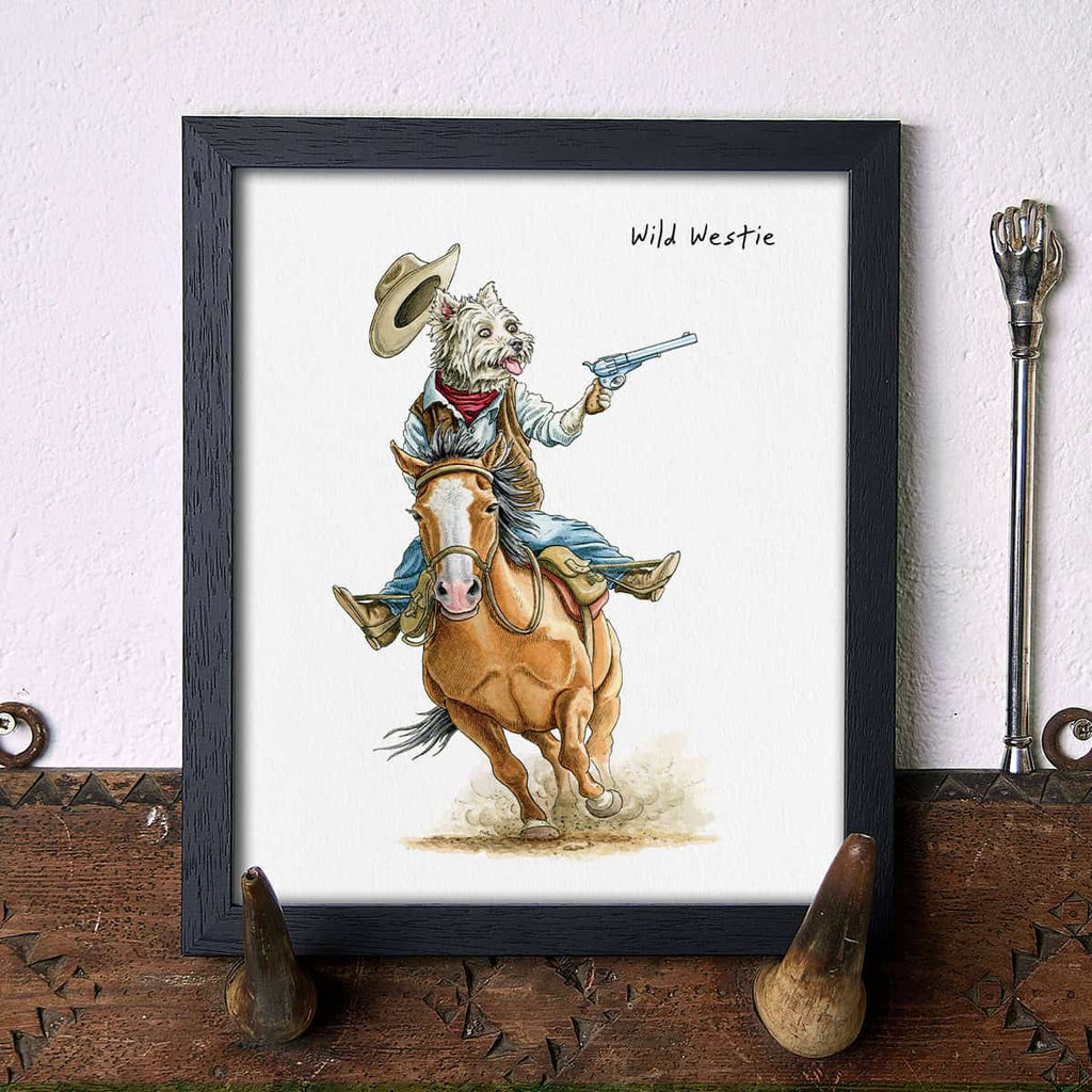 Artwork of a Westie dog dressed as a cowboy on a horse with 'Wild Westie' text.