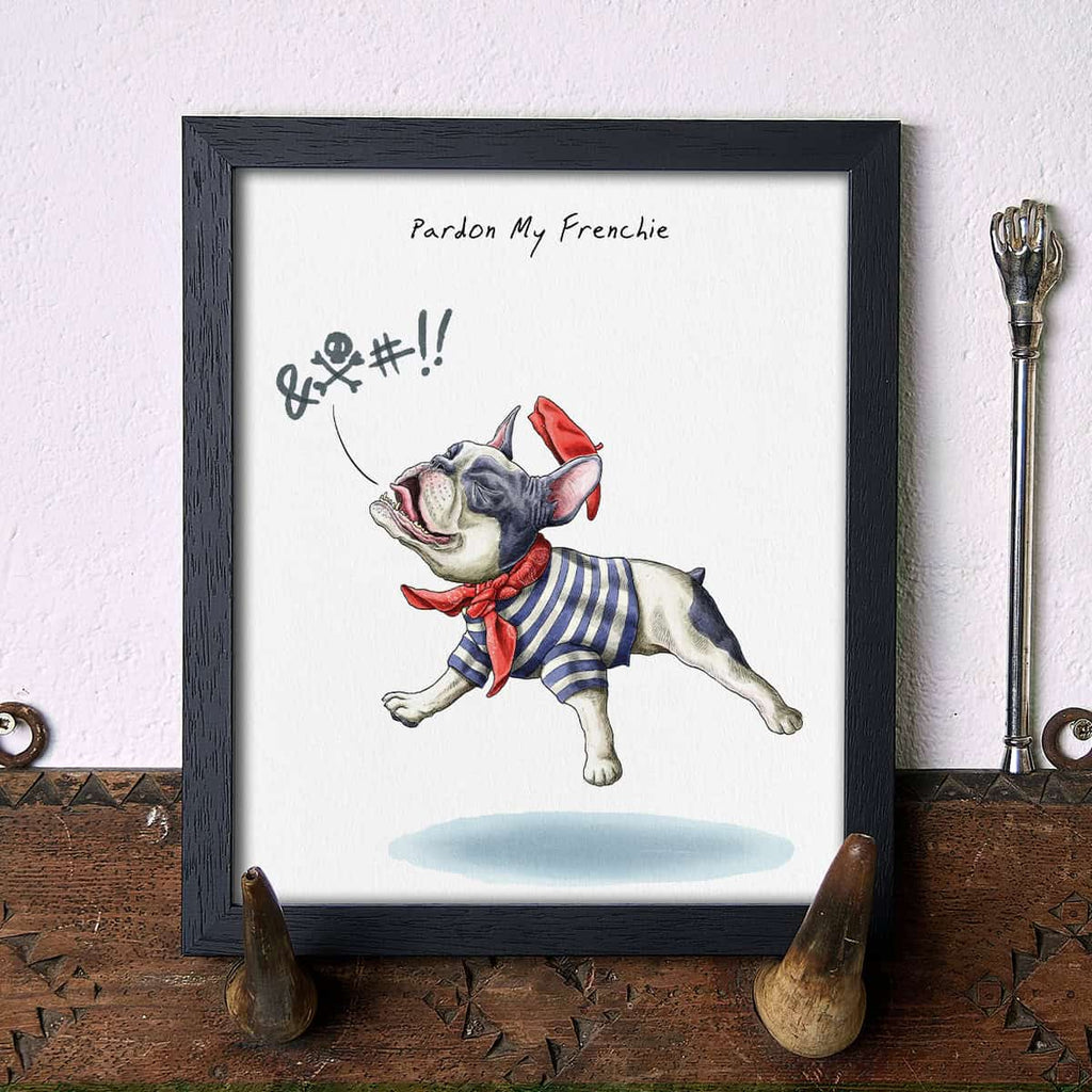Artwork of a French bulldog with a red bandana and striped shirt on a white background.