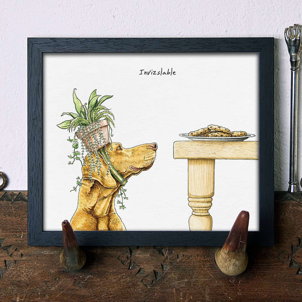 Artwork of a dog with a plant on its head and a plate of food, titled 'Invizslable'.