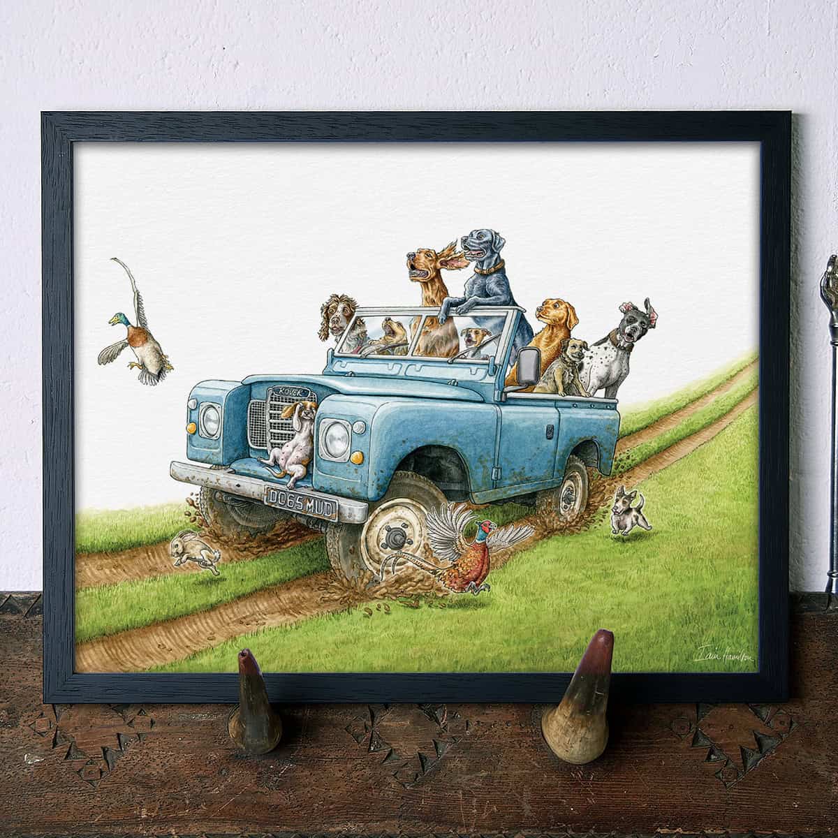 Artwork illustration of a blue landrover truck with dogs on a grassy path