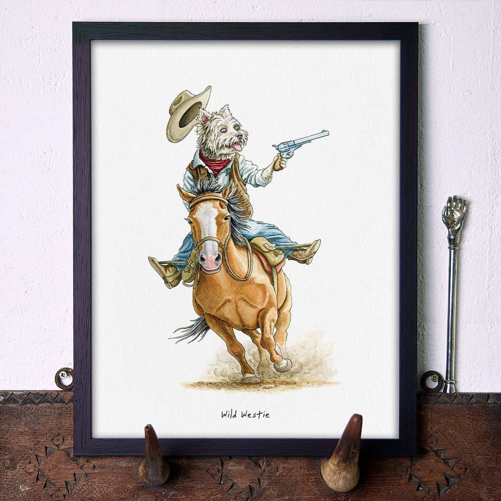 Artwork of a dog in cowboy attire riding a horse with a white background.