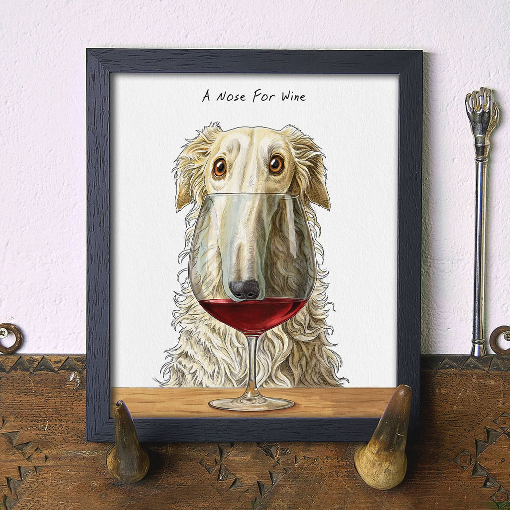 Artwork of a dog with a wine glass on a wooden surface.