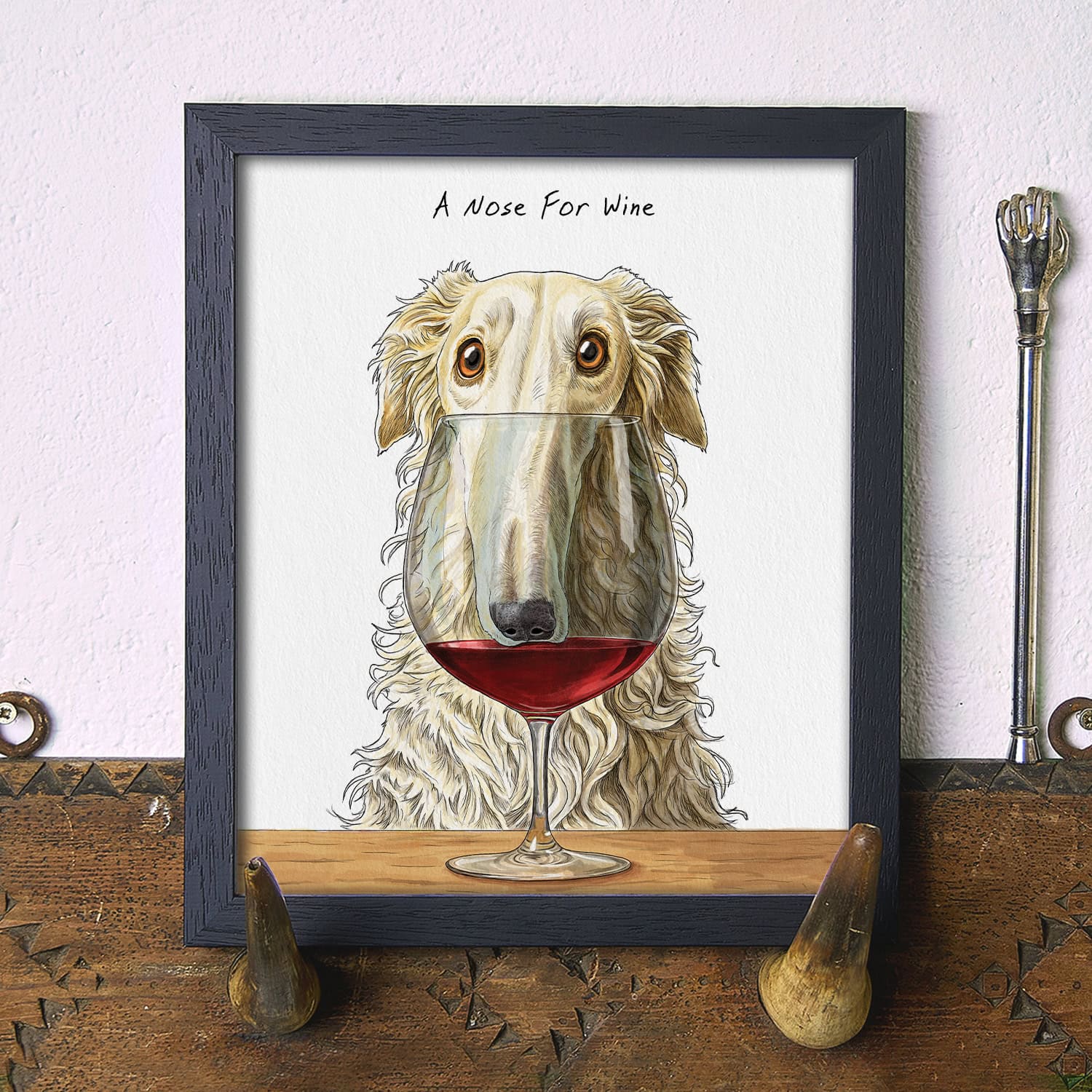 Artwork of a dog with a wine glass on a wooden surface.