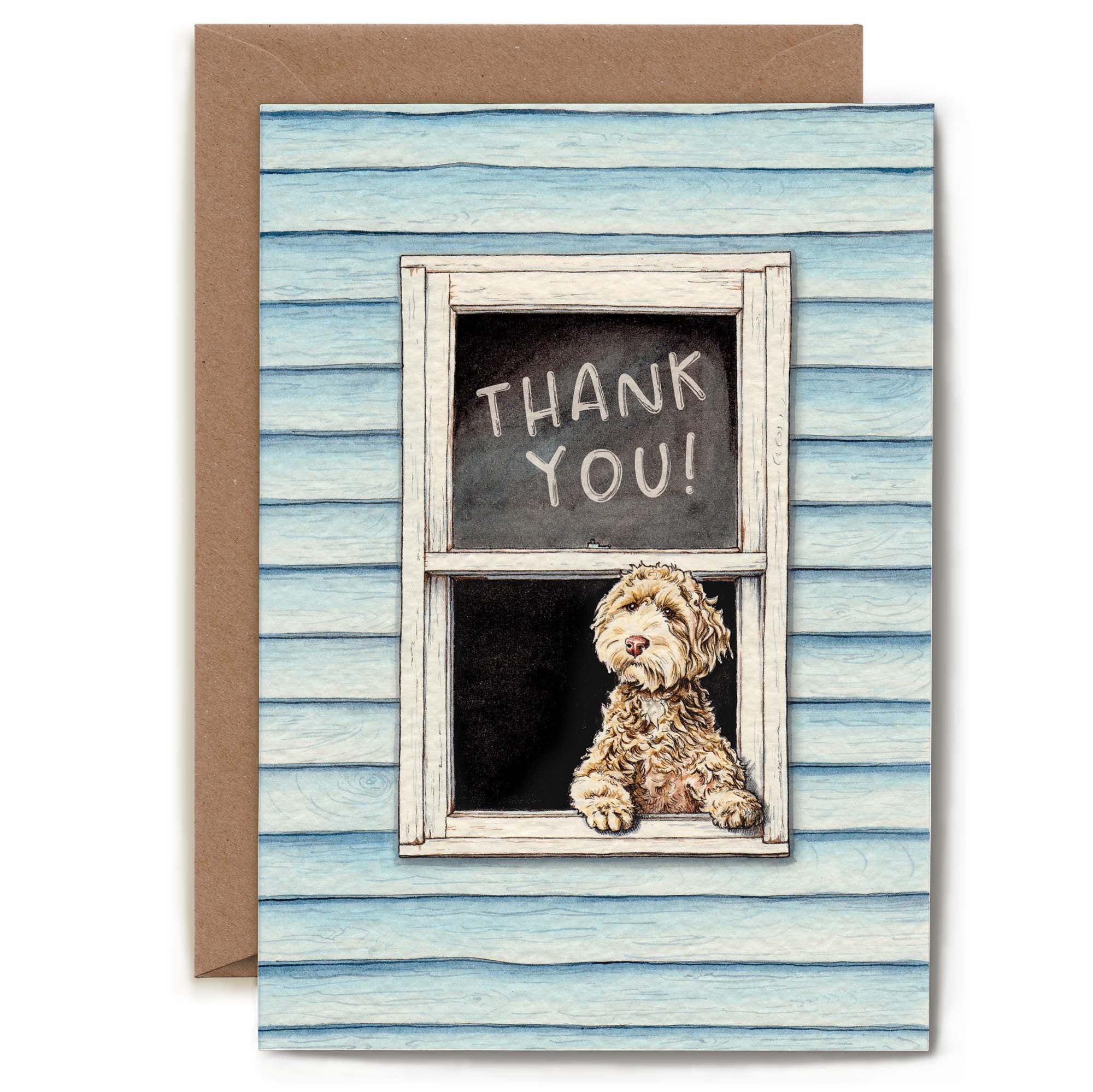Greeting card with a dog looking out a window with 'Thank You!' on a chalkboard, against a blue wooden panel background.