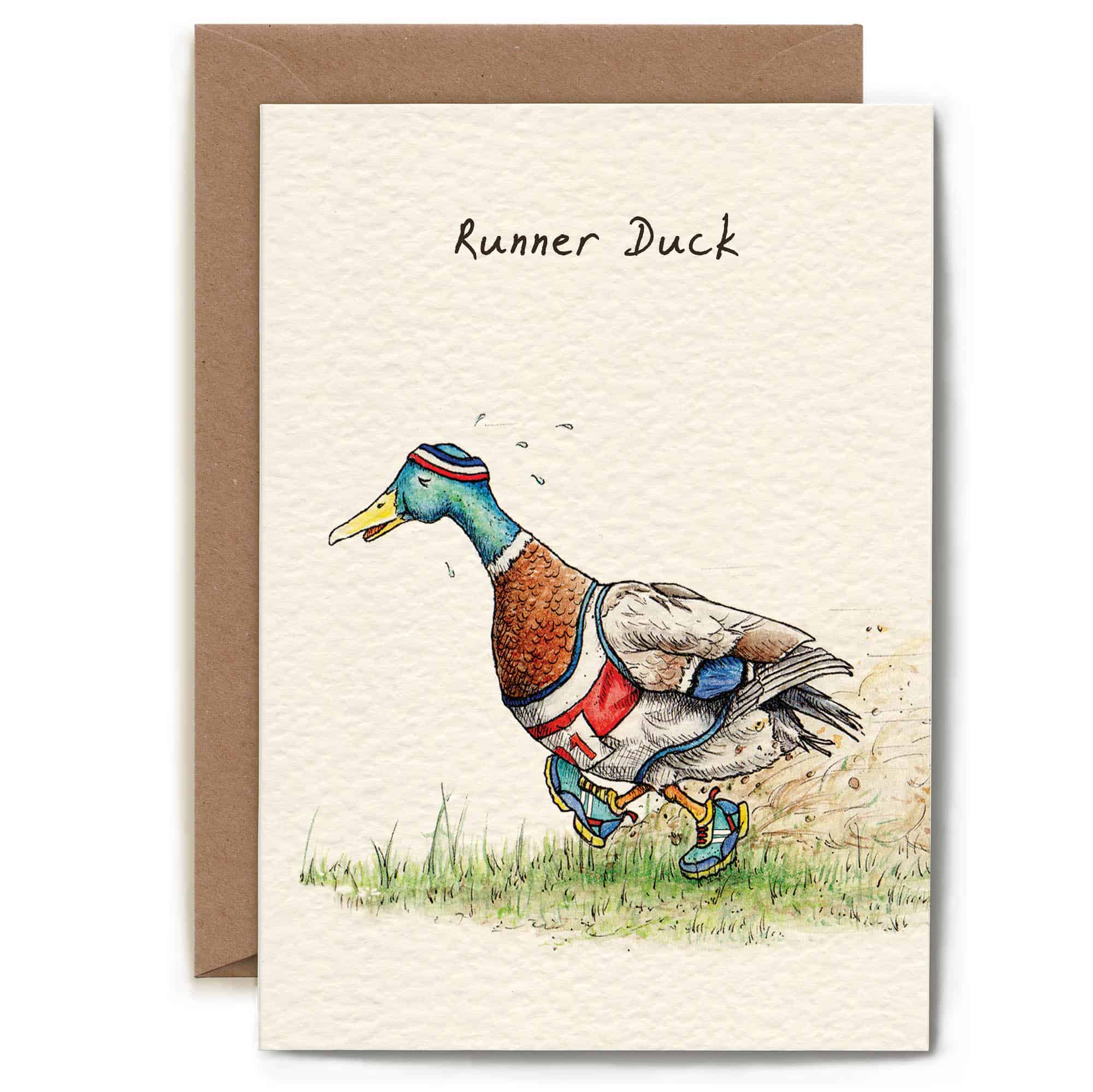 Greeting card with a duck wearing running shoes on a beige background