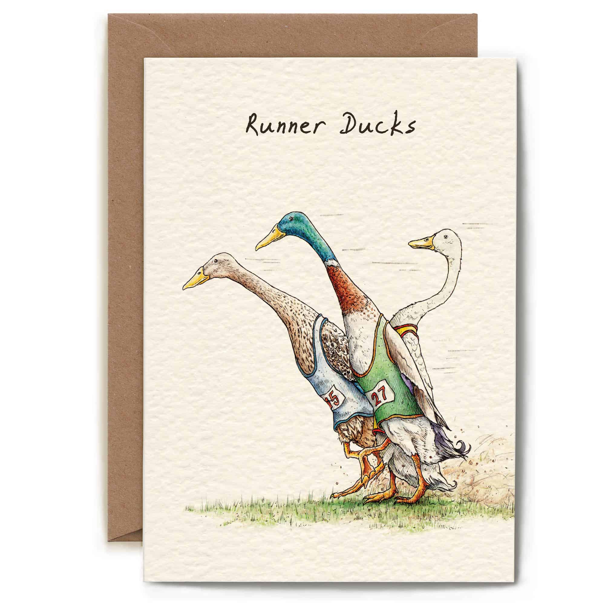 Greeting card with illustration of three ducks in racing outfits and text 'Runner Ducks' on a beige background.