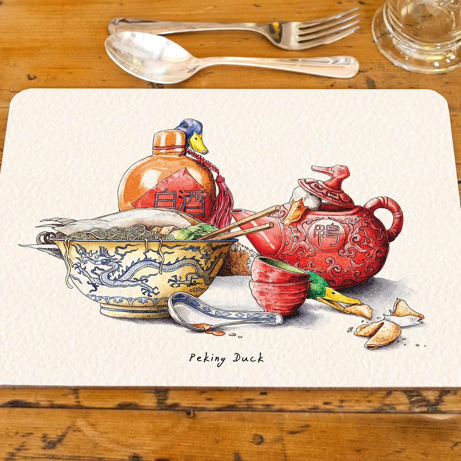 Illustration of Peking Duck on a placemat with cutlery and a bottle.