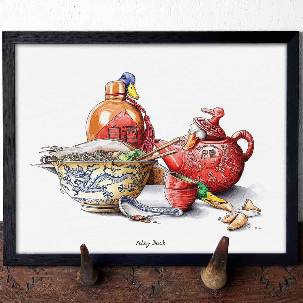 Illustration of Peking Duck with a bottle, teapot, and bowl on a white background