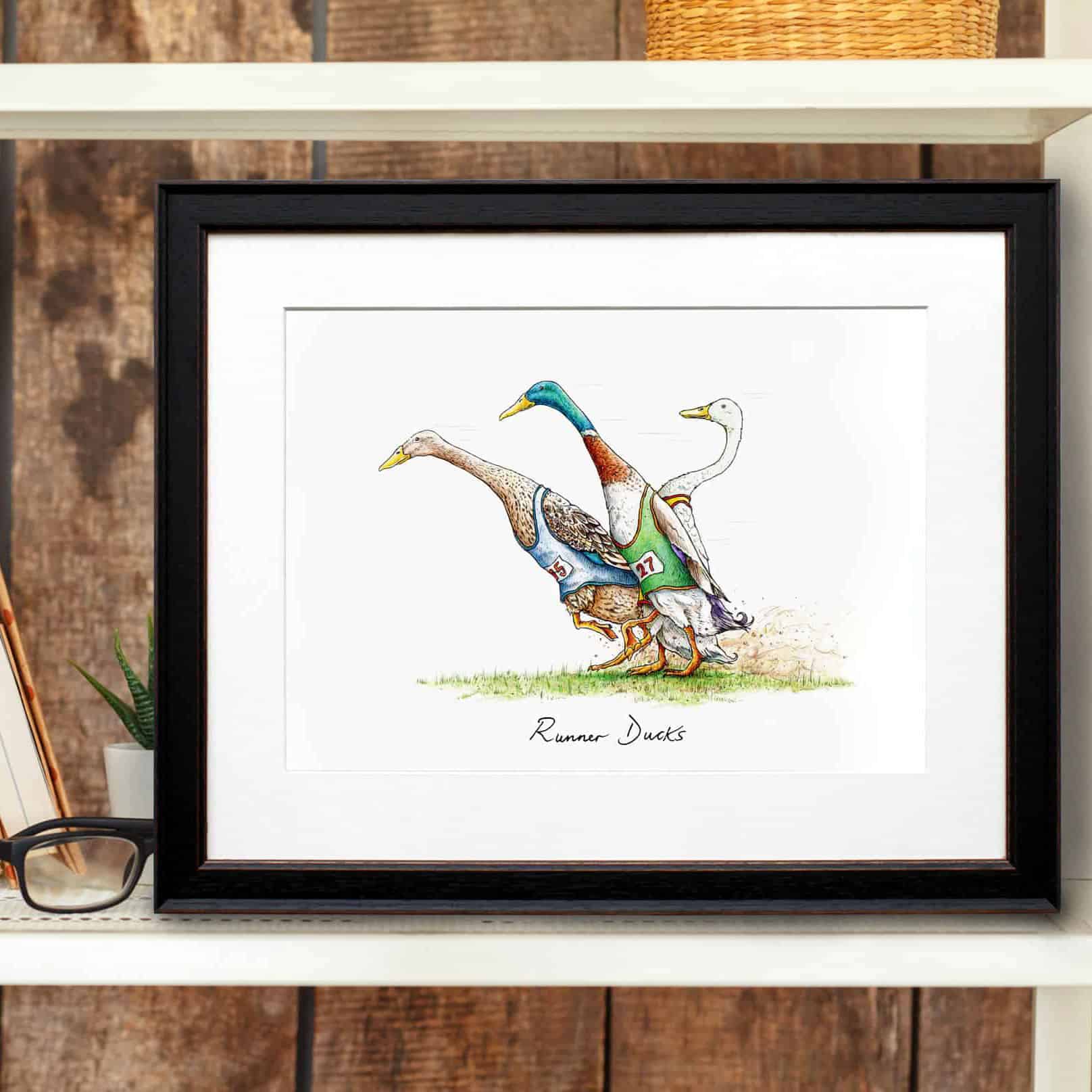 Artwork of three runner ducks on a wooden shelf