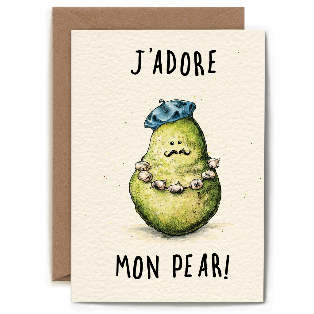 Card with a pear illustration wearing a beret and necklace, text 'J'adore mon pear!', on a beige background.