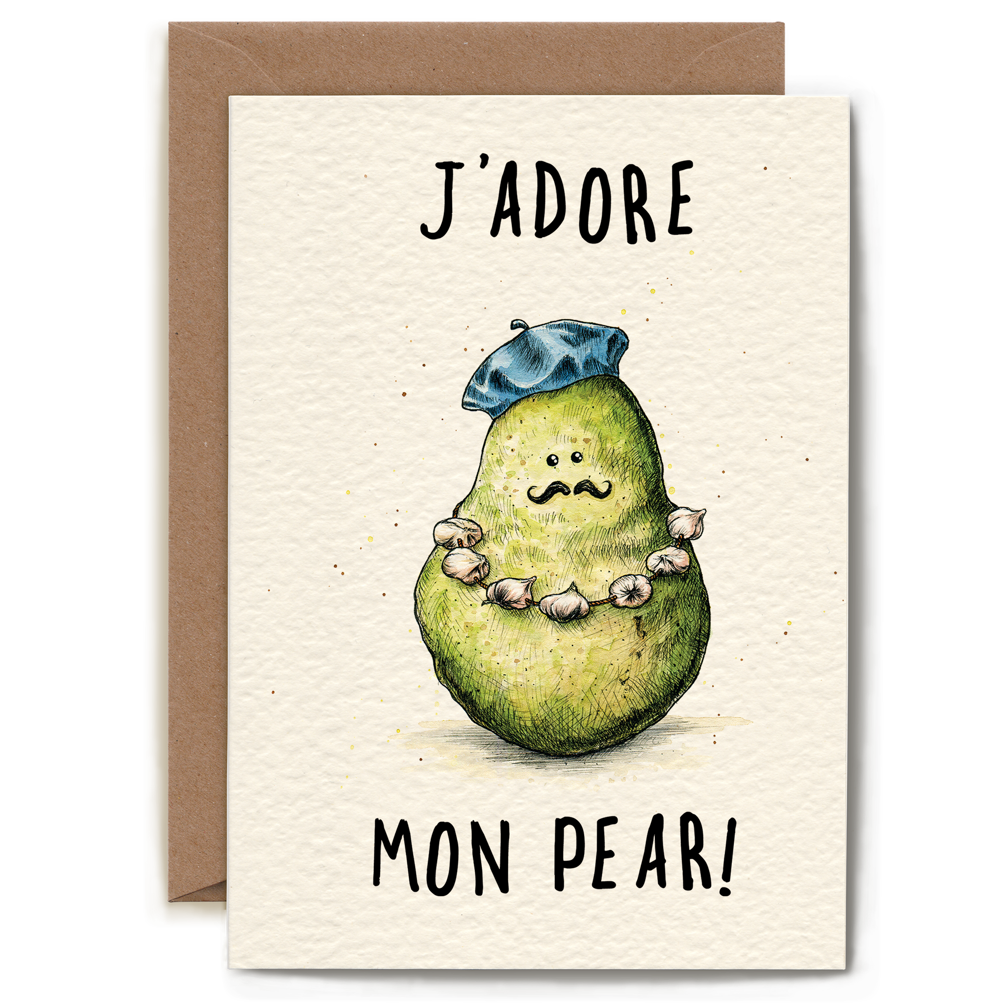 Card with a pear illustration wearing a beret and necklace, text 'J'adore mon pear!', on a beige background.