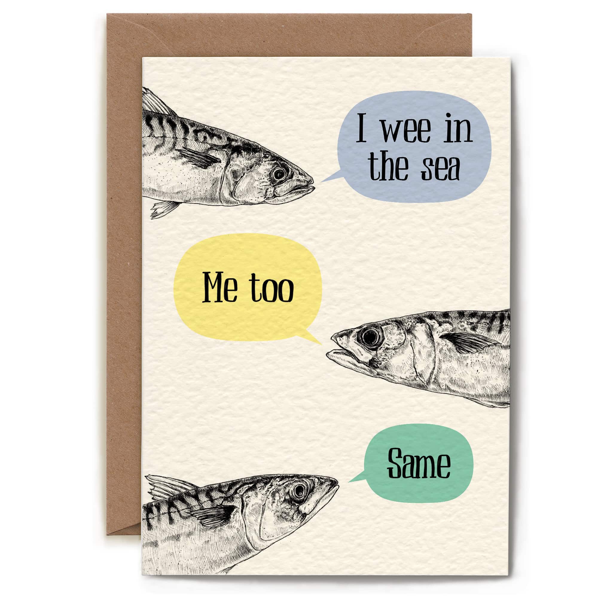Card with fish illustrations and speech bubbles on a beige background