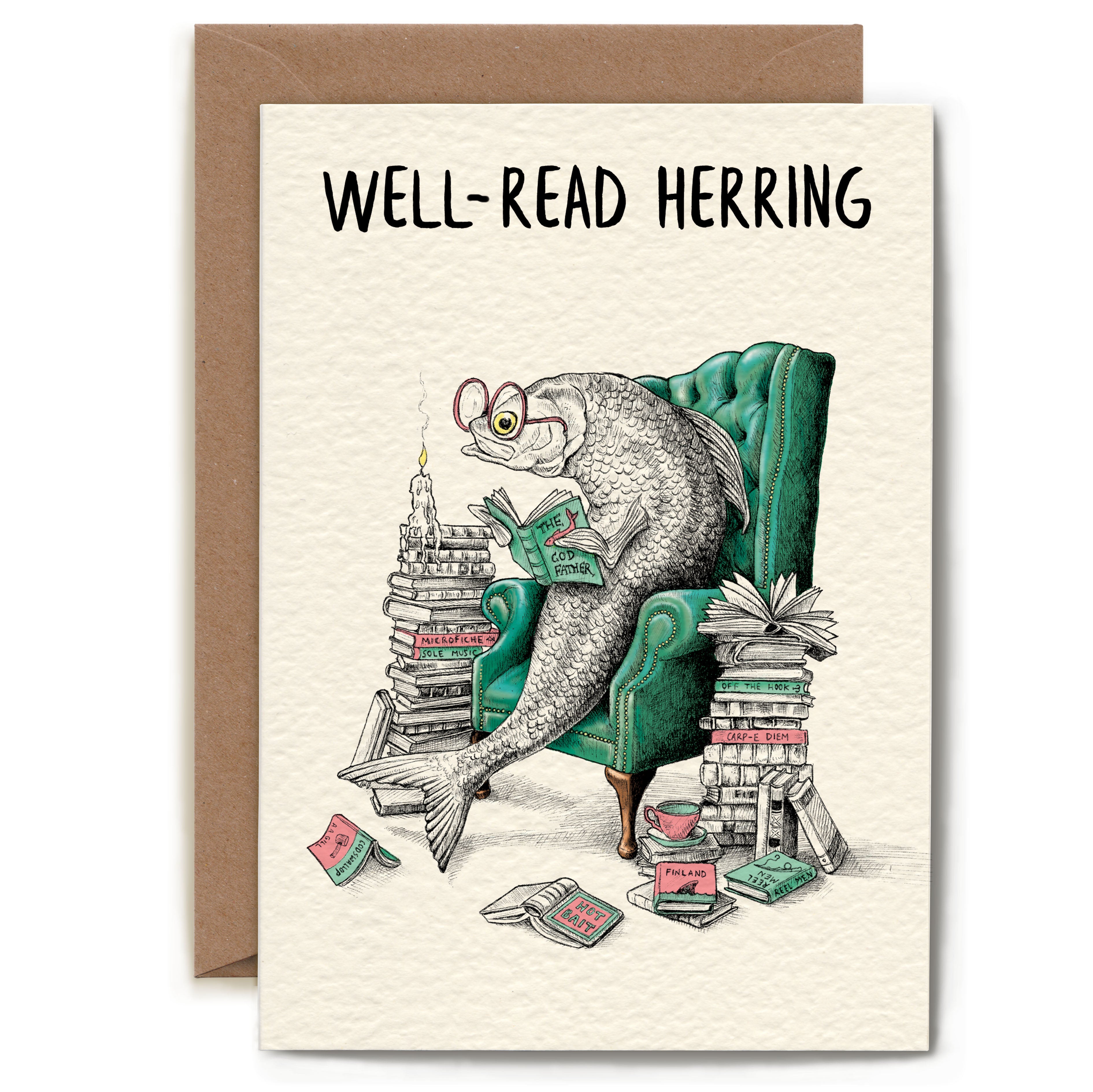 Greeting card with a fish reading a book, sitting on a chair with books around it, and the text 'Well-Read Herring' on a beige background.