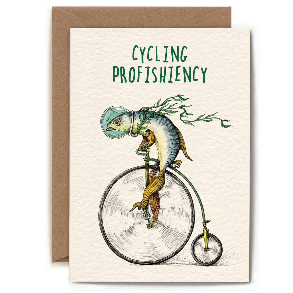 Card with a fish riding a penny-farthing bicycle and 'Cycling Profishiency' text.