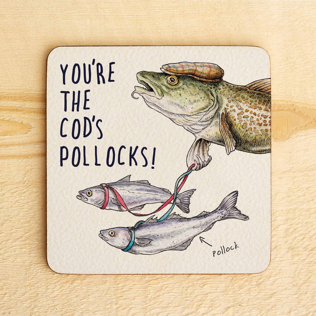 Coaster with fish illustration and humorous text on a wooden surface