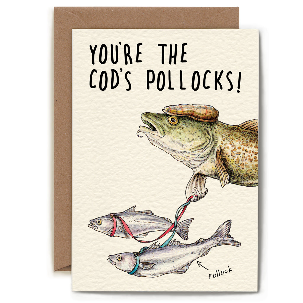 Card with fish illustration and humorous text on a beige background