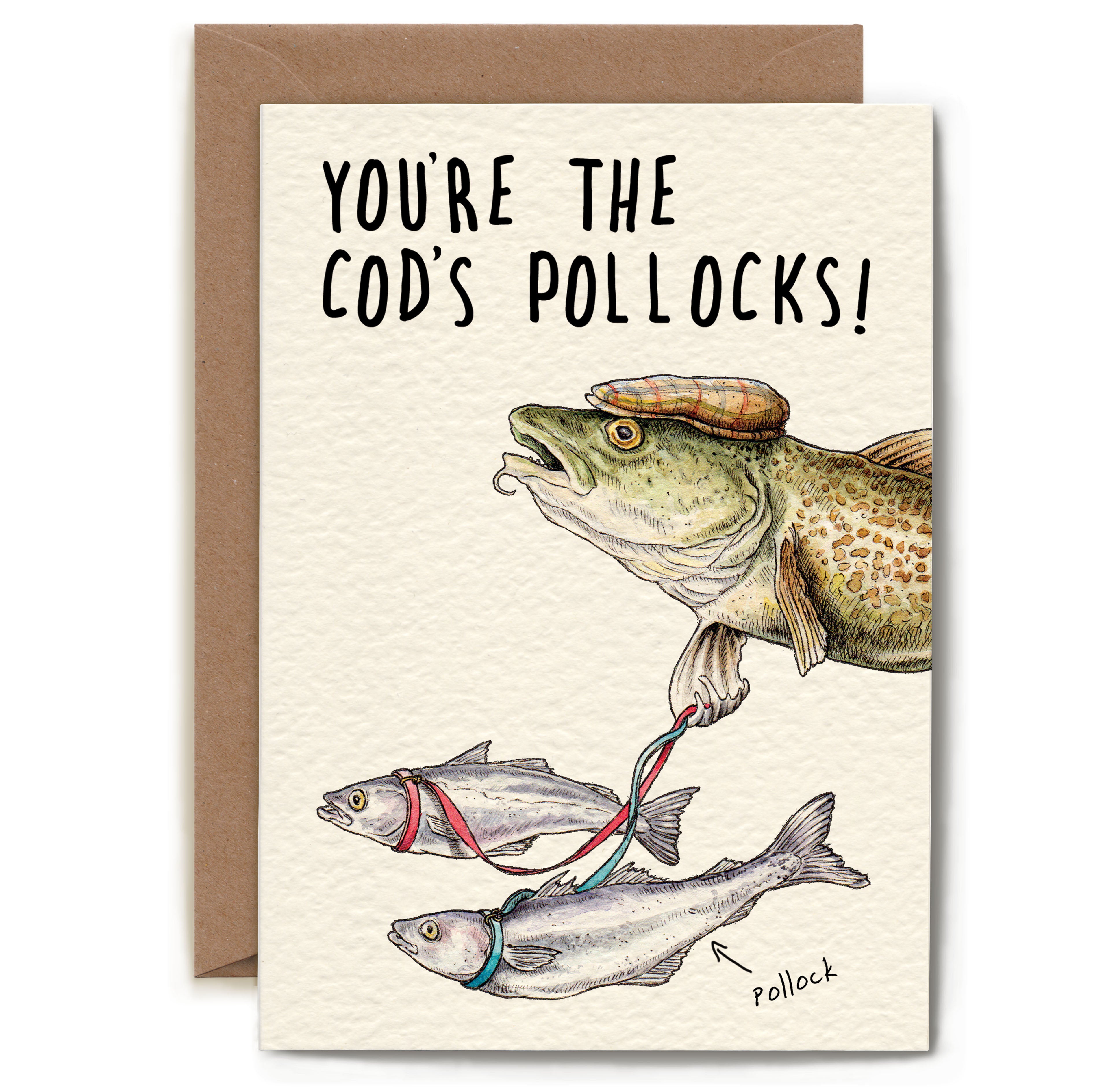 Card with fish illustration and humorous text on a beige background