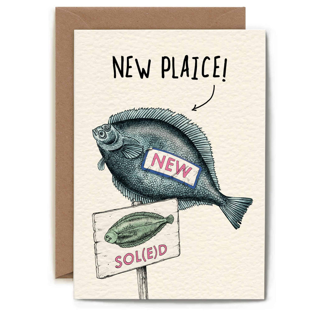 Card with fish illustration and text 'New Plaice!' on a beige background