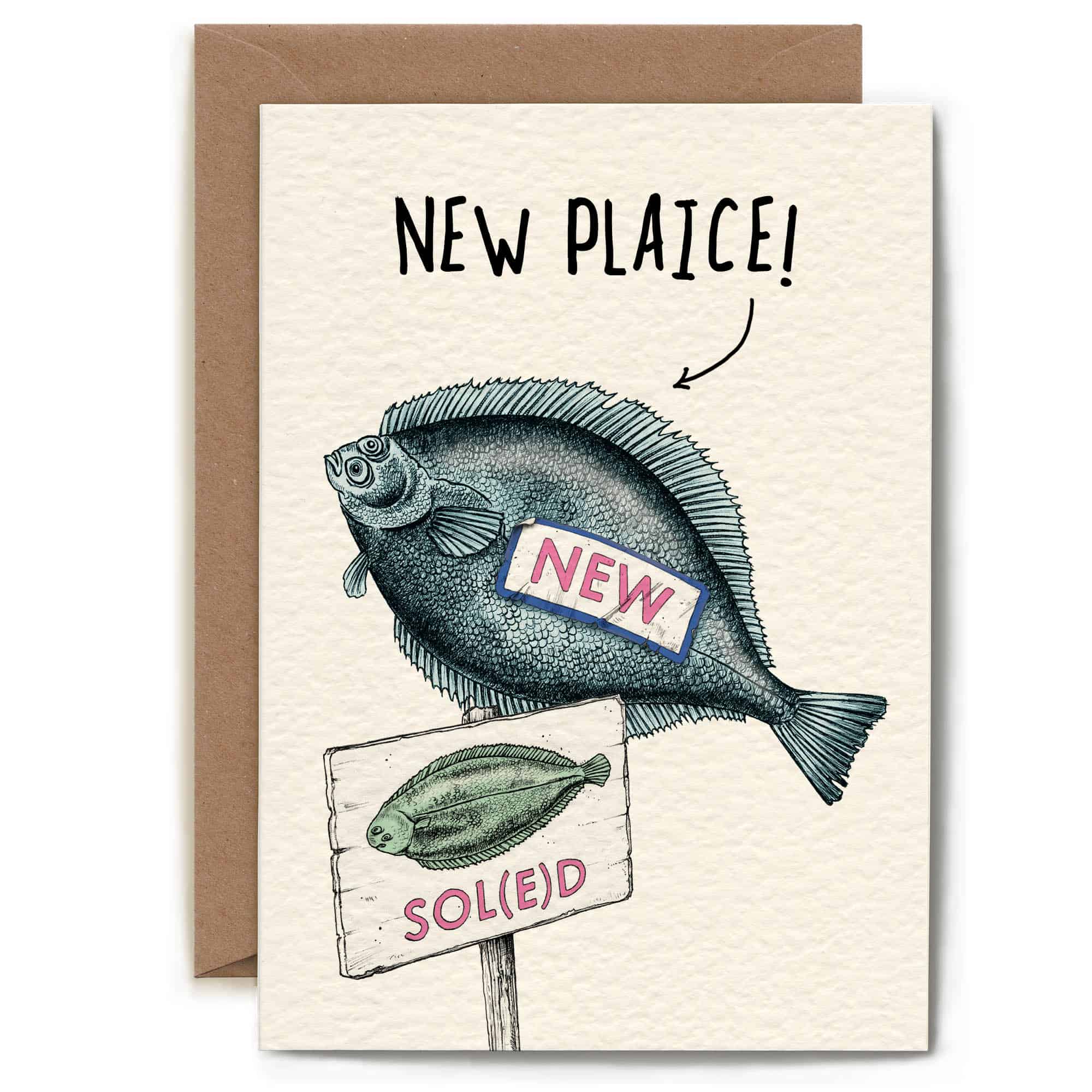 Card with fish illustration and text 'New Plaice!' on a beige background