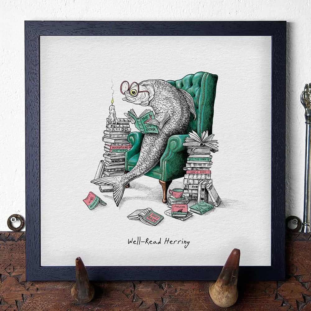Illustration of a fish reading a book with stacks of books and a cup and candle.