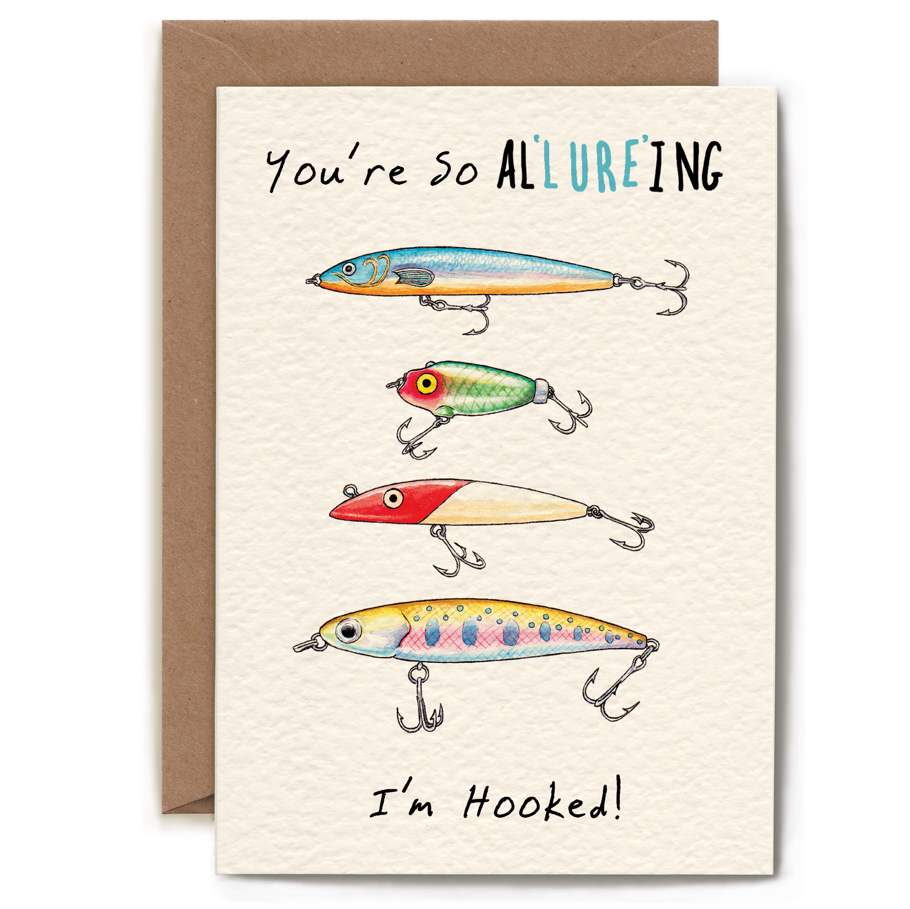 Card with colorful illustrations of fishing lures and humorous text on a beige background.