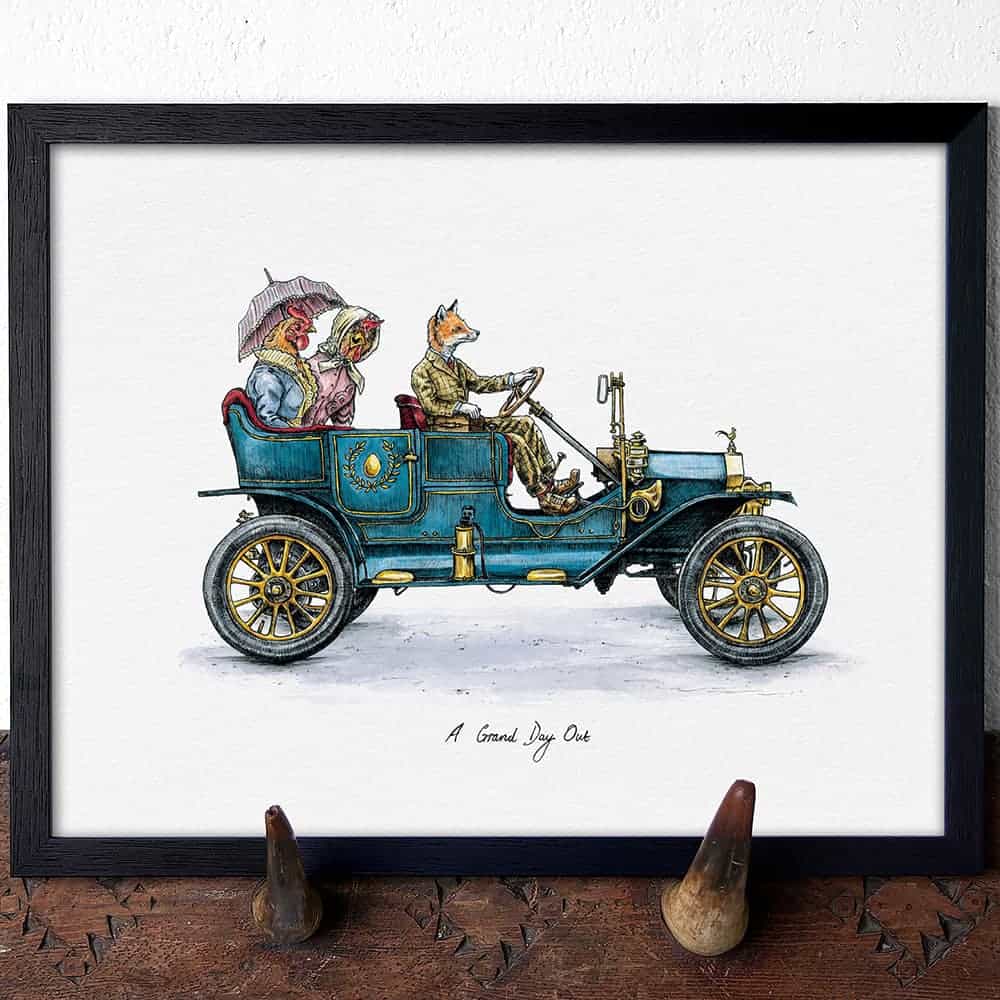 Illustration of animals in an old-fashioned car on a white background