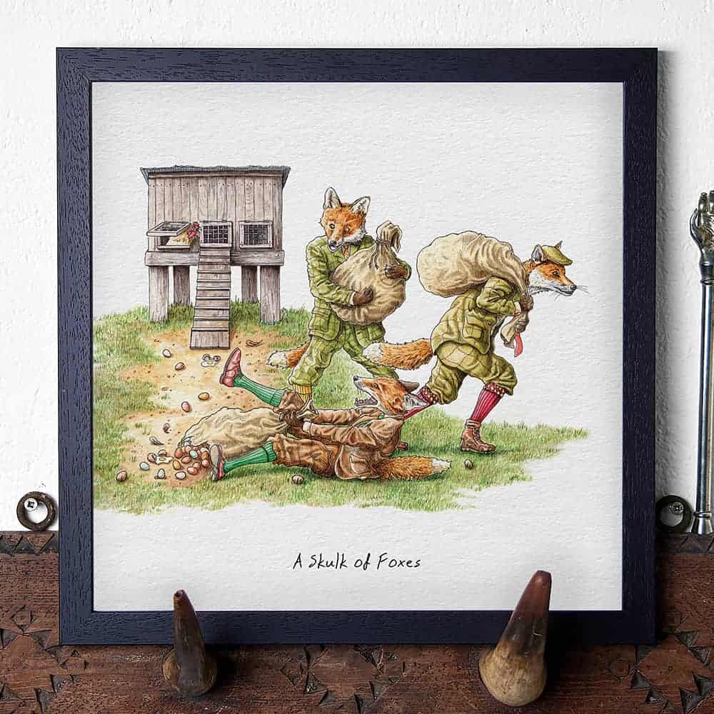 Illustration of a skulk of foxes with a wooden den in the background.