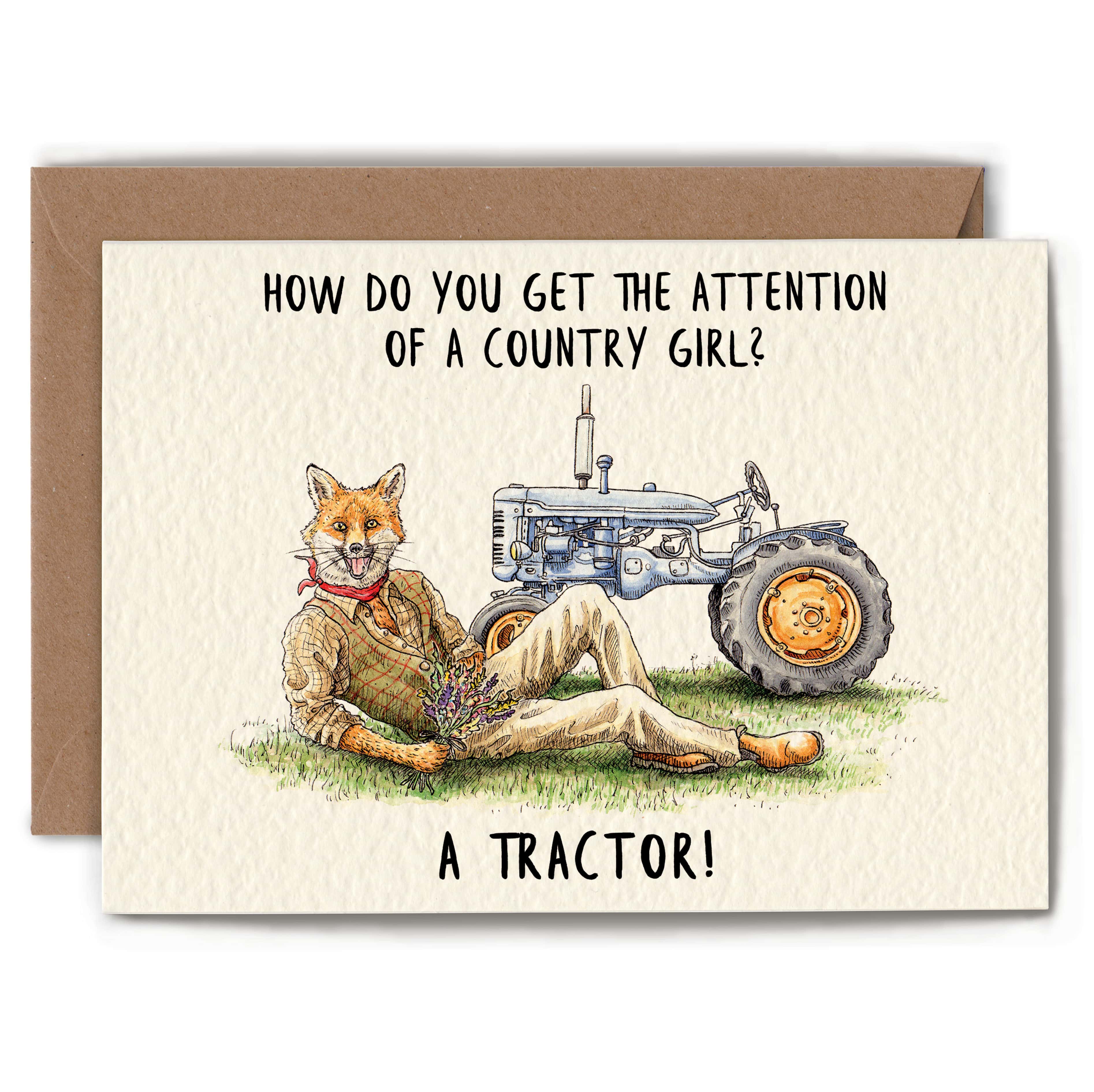 Card with a fox and tractor illustration and humorous text on a beige background.