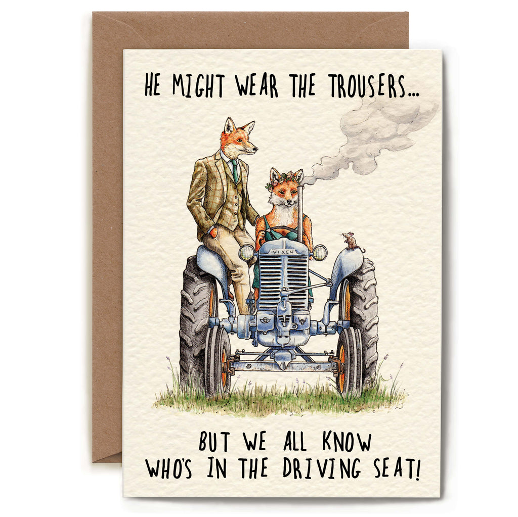 Card with illustration of a fox couple on a tractor and humorous text.