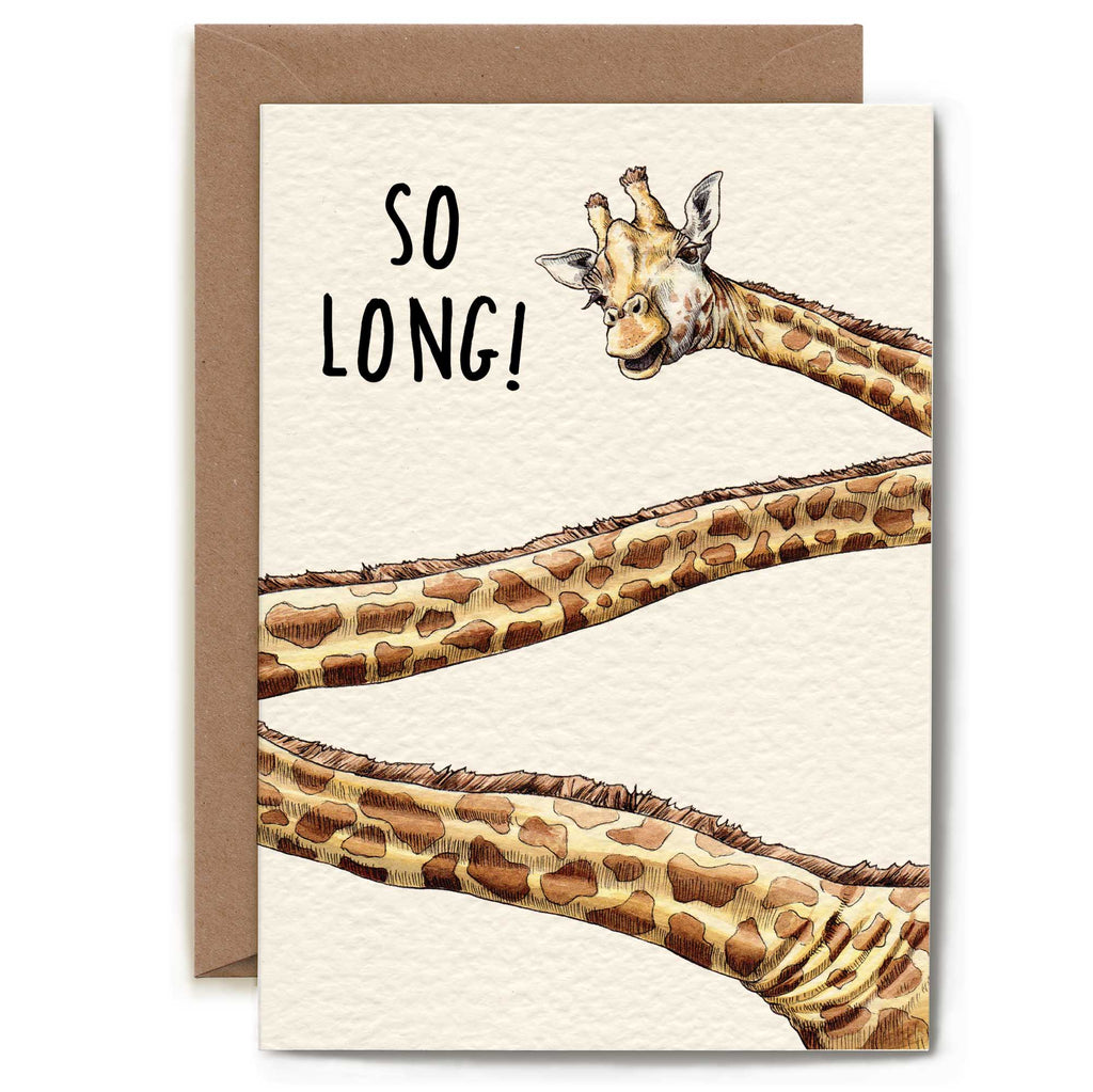 Greeting card with a giraffe illustration and 'So Long!' text on a beige background.