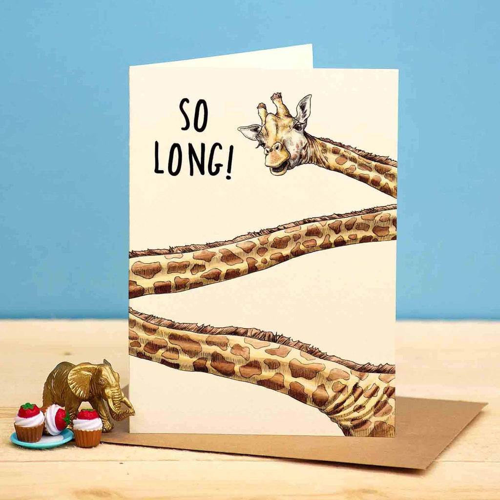 Greeting card with a giraffe illustration and 'So Long!' text on a blue background