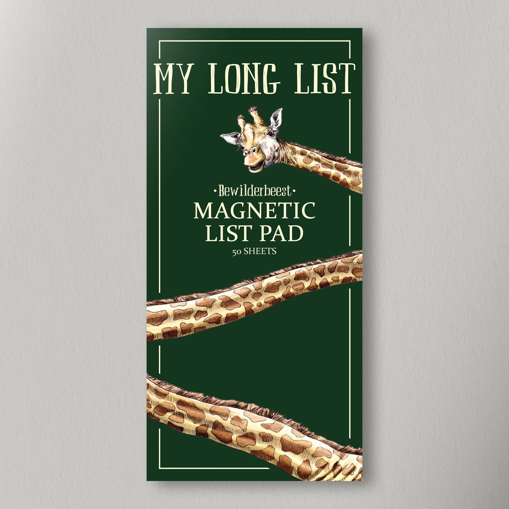 Magnetic list pad with giraffe design on a green background
