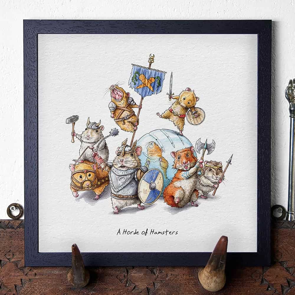 Artwork of illustrated hamsters in warrior costumes on a white background