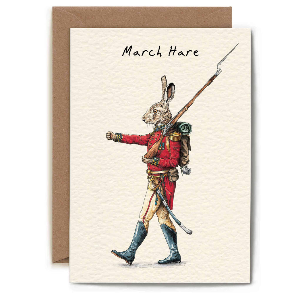 Greeting card with a hare illustration in a red coat and helmet, holding a spear, on a textured beige background.