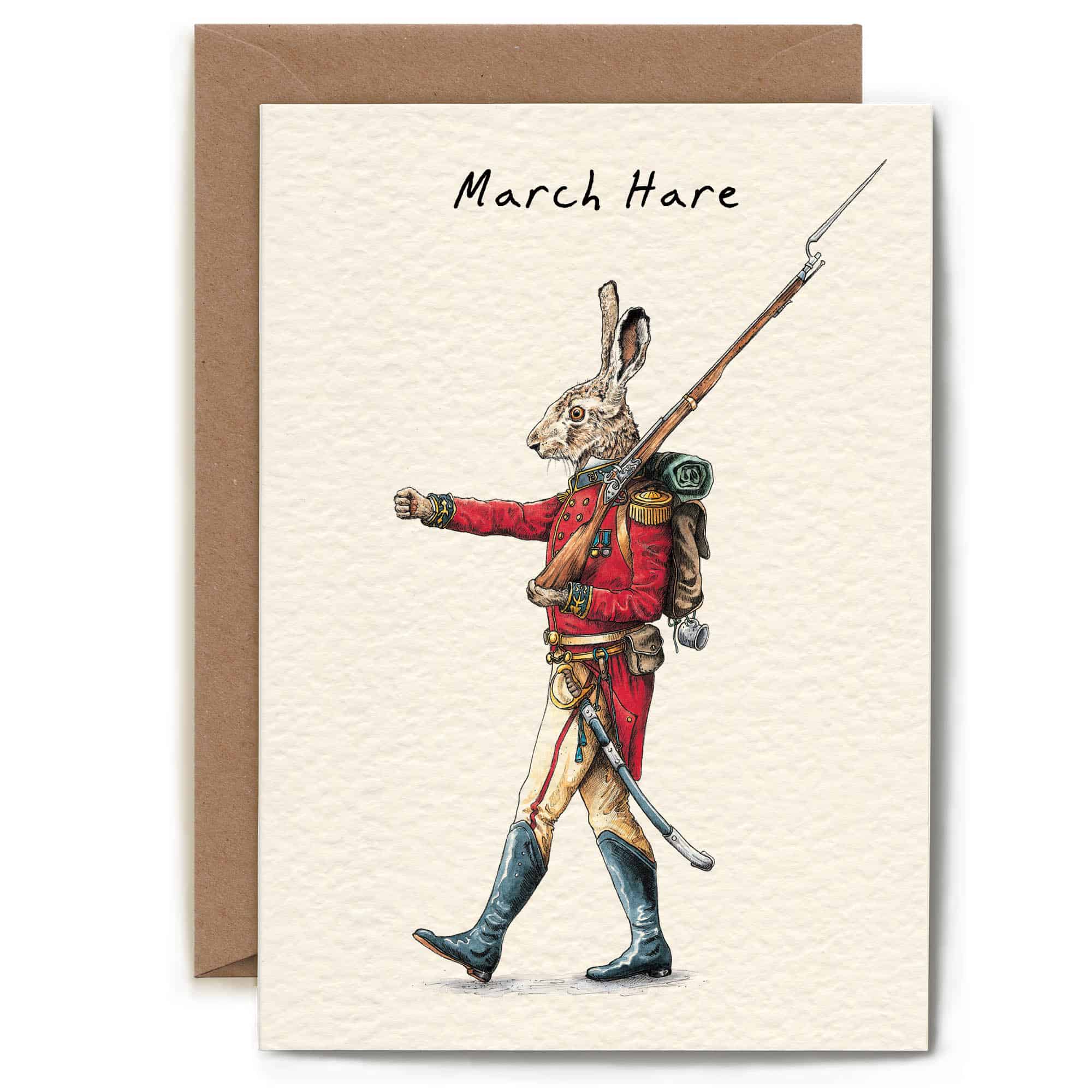 Greeting card with a hare illustration in a red coat and helmet, holding a spear, on a textured beige background.