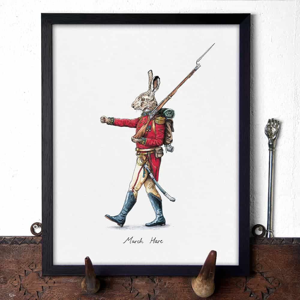 Illustration of a hare in a red coat with a spear on a white background