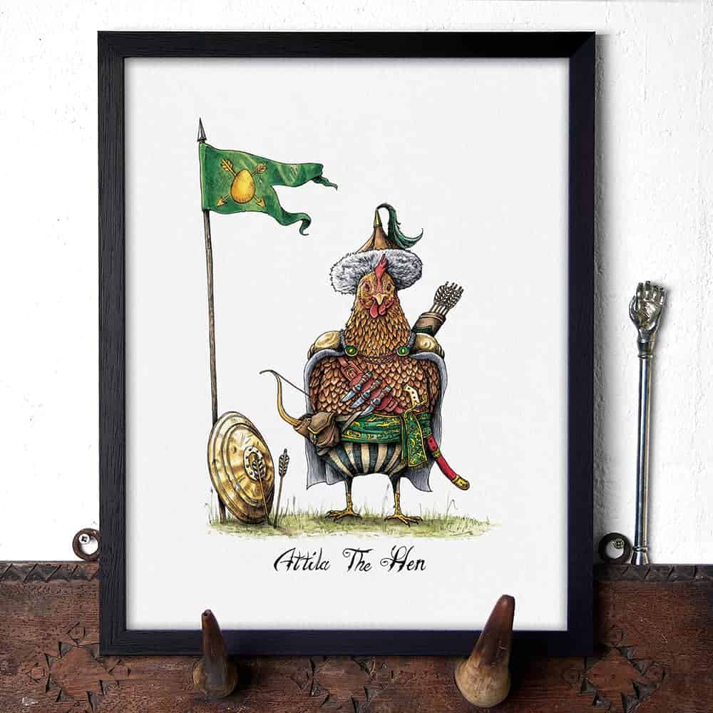 Illustration of a hen in armor next to a flag on a white background
