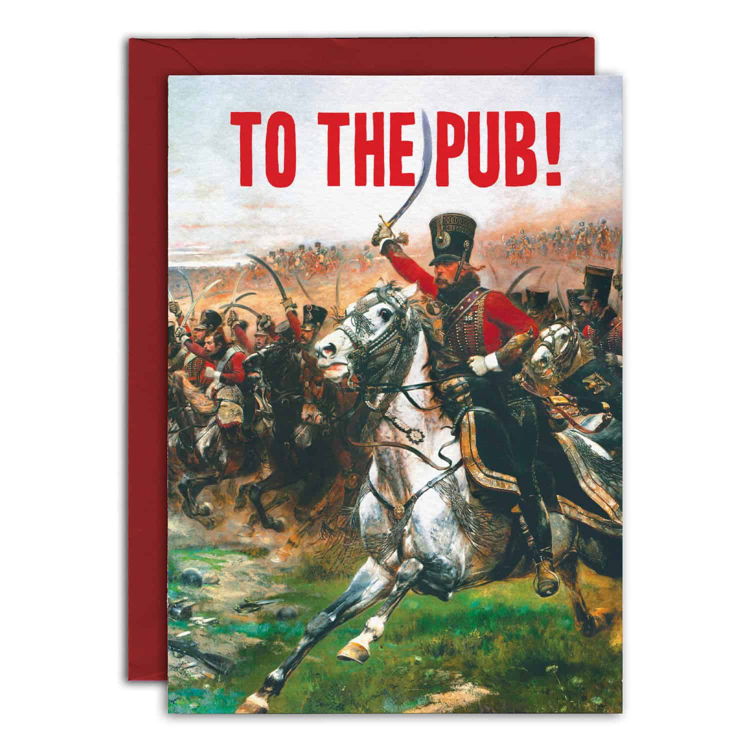 Card with a historical scene of a man on horseback and text 'TO THE PUB!' on a white background.