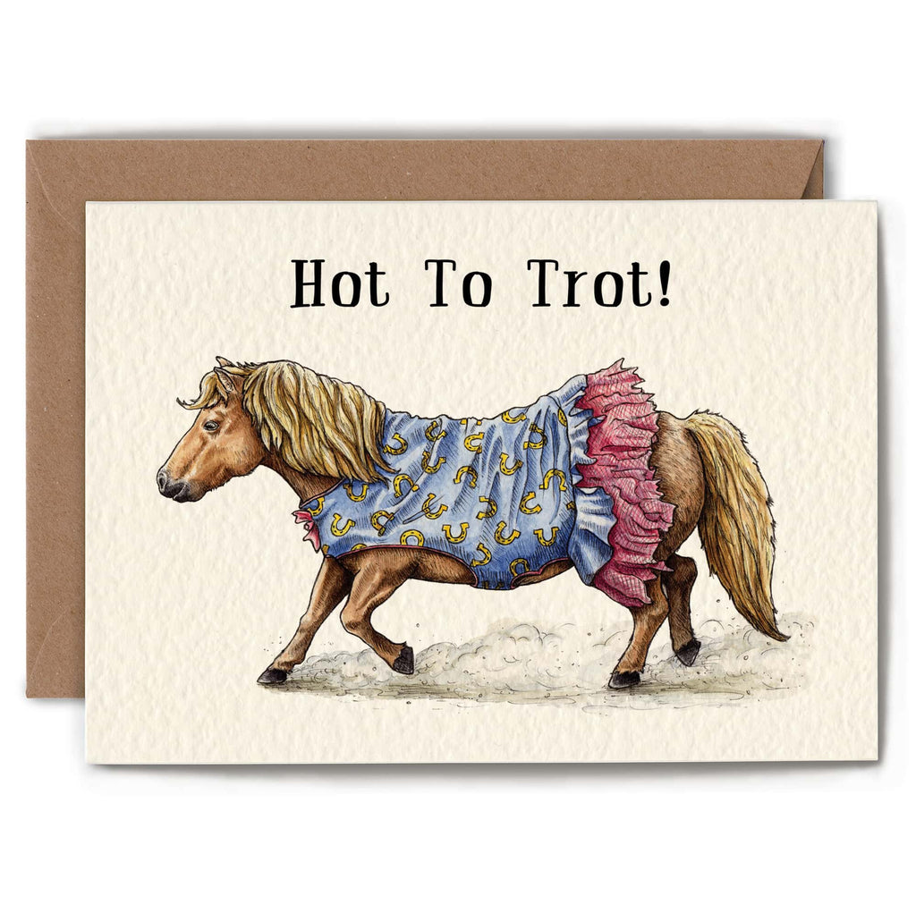 Card with a horse in a blue coat and pink skirt, text 'Hot To Trot!', on a beige background.