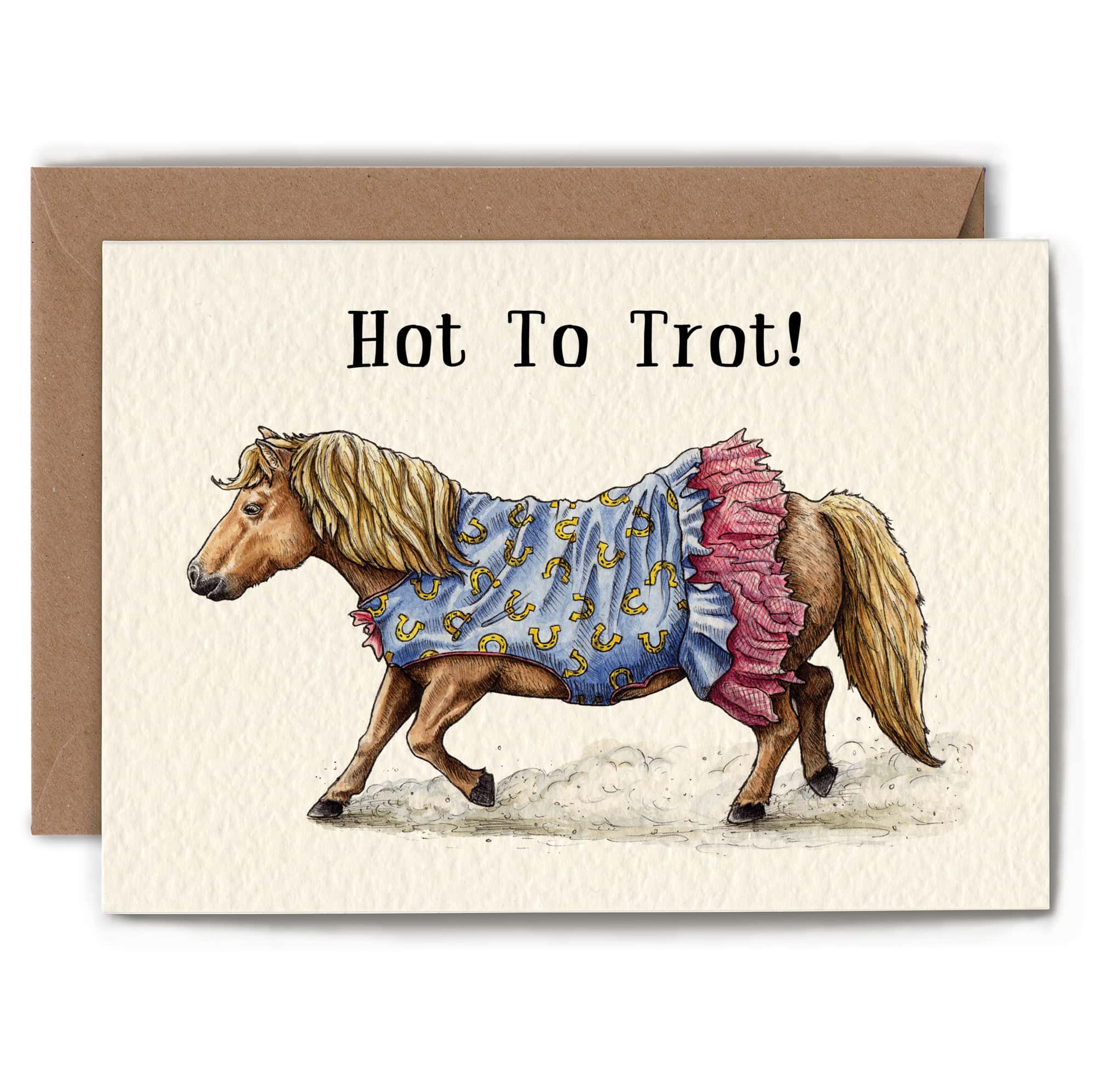 Card with a horse in a blue coat and pink skirt, text 'Hot To Trot!', on a beige background.