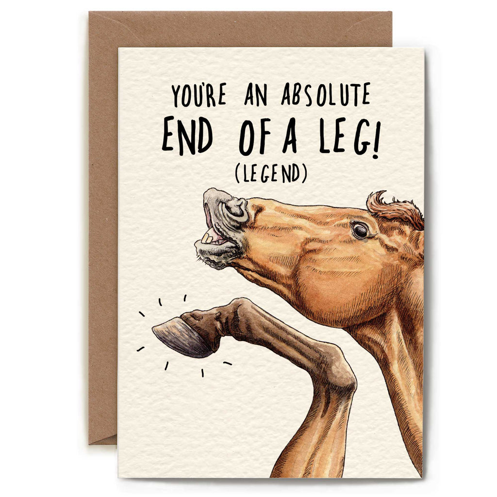 Card with horse illustration and humorous text on a white background