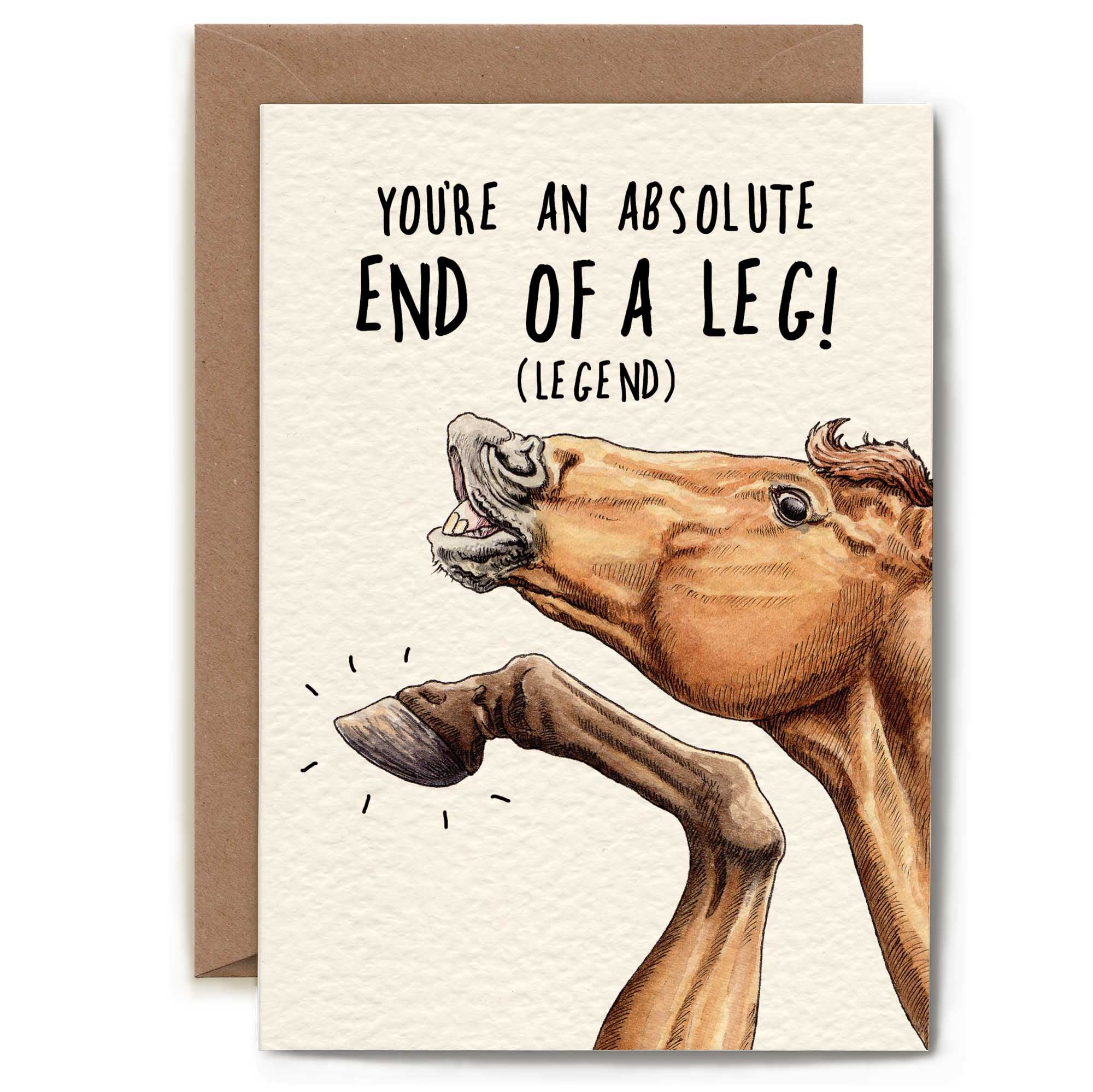 Card with horse illustration and humorous text on a white background